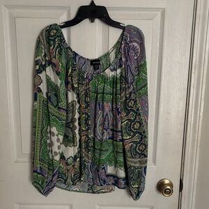 Karen Kane Spring Color-Green, Purple & White Paisley Peasant Top Petit XL New